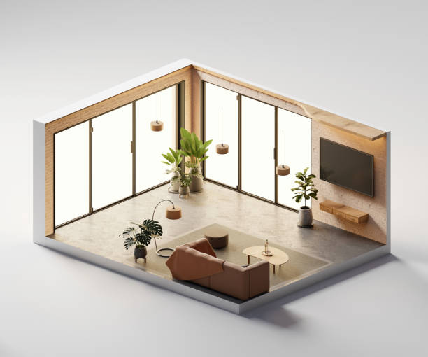 istock Isometric view living room muji style open inside interior architecture 3d rendering digital art 1672208443