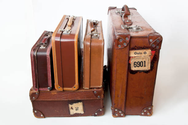 istock Group of vintage leather suitcases  with labels. 167222804