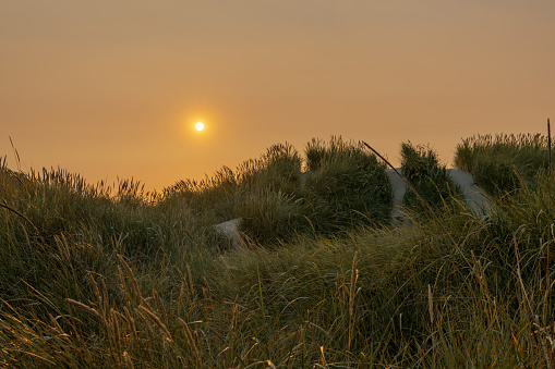 Sun sets with a very warm glow from northwest forest fires along the Oregon Coast at Nehalem