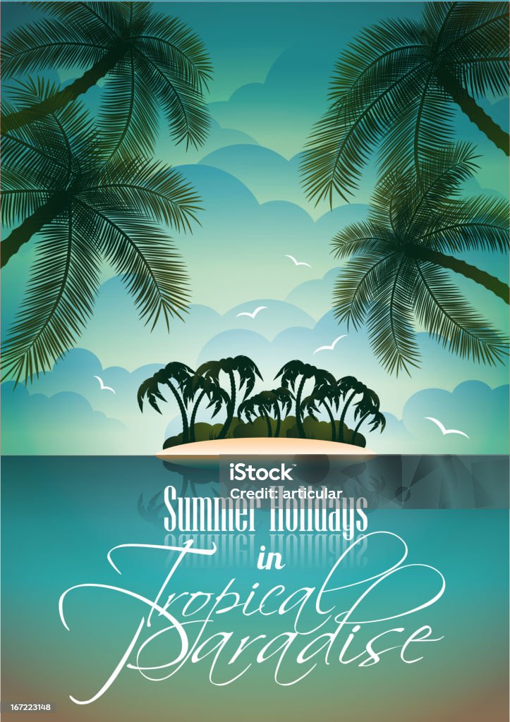 Été vacances conception Flyer avec des palmiers et Île Paradise - clipart vectoriel de Fonds de nuage libre de droits