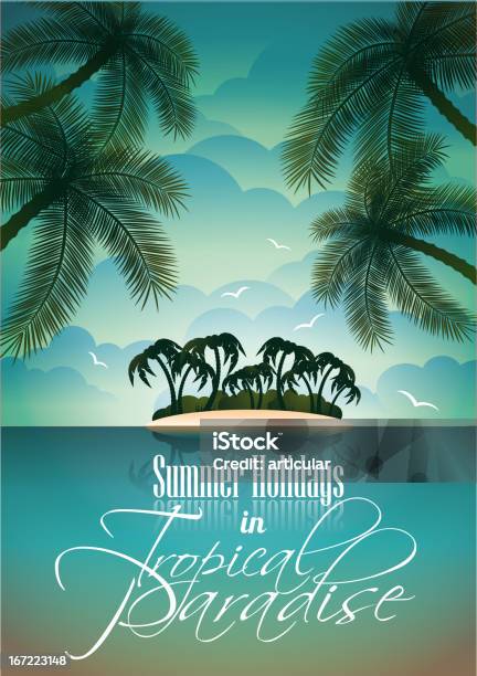 Été Vacances Conception Flyer Avec Des Palmiers Et Île Paradise Vecteurs libres de droits et plus d'images vectorielles de Fonds de nuage