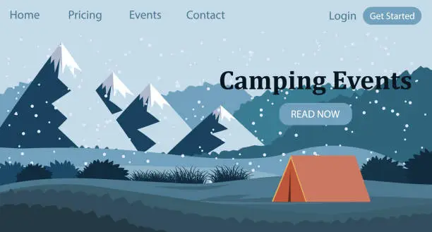 Vector illustration of Camping events. Tourist tent against the backdrop of a mountain landscape. Banner, template, landing page.