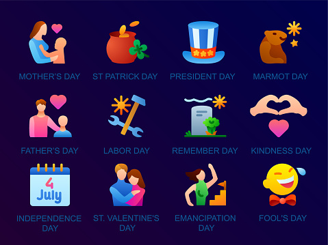 12 Calendar Holidays Icons Set. Vector illustration. Calendar icons. USA holidays, Mother's Day, St. Patric Day, President Day, Marmot Day, Father's Day, Labor Day, Remember Day, Kindness Day, Independence Day, St. Valentine's Day, Emancipation Day, Fool's Day.