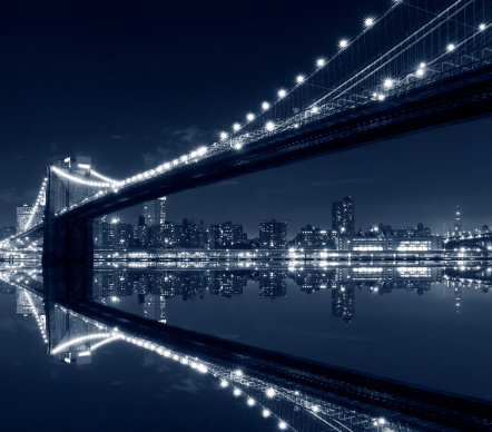 New York City, Brooklyn Bridge with reflections on water