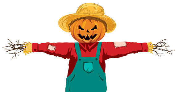 A simple Halloween scarecrow with a straw hat and overalls on a transparent background (there is no white in this illustration).