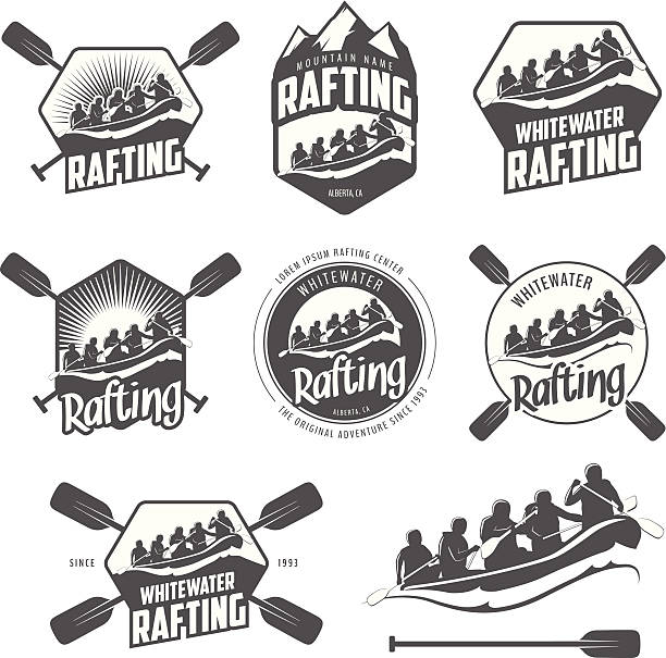 illustrazioni stock, clip art, cartoni animati e icone di tendenza di vintage set di etichette e distintivi praticare rafting sulle rapide - rafting