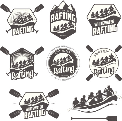 Set of vintage whitewater rafting labels and badges.