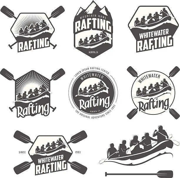 Vector illustration of Set of vintage whitewater rafting labels and badges