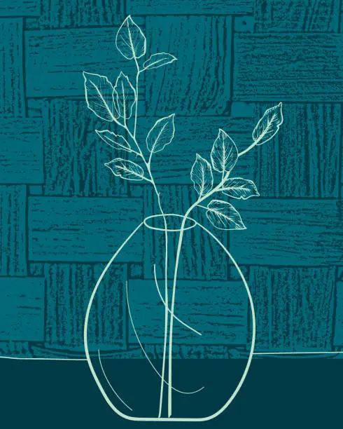 Vector illustration of Modern Botanical Drawing Of Plants In A Vase On A Textured Background