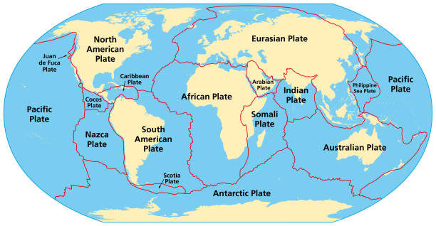 ilustrações de stock, clip art, desenhos animados e ícones de map of the principal tectonic plates, 16 major pieces of the earth - plate tectonics