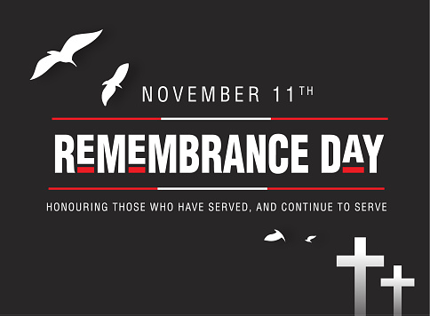 Vector illustration of a Remembrance Day poster design with white crosses, flying doves. and typography text design . Includes fully editable vector eps and high resolution jpg in download.