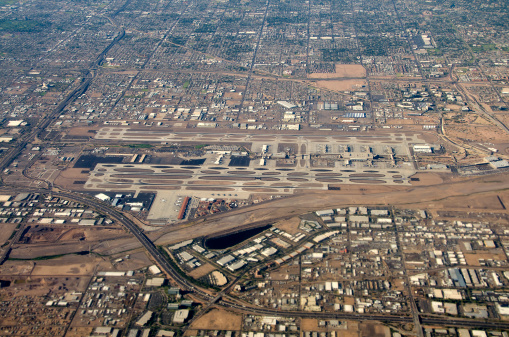 Aerial view of Phoenix Sky Harbor International Airport, Phoenix, Arizona, USA. PHX