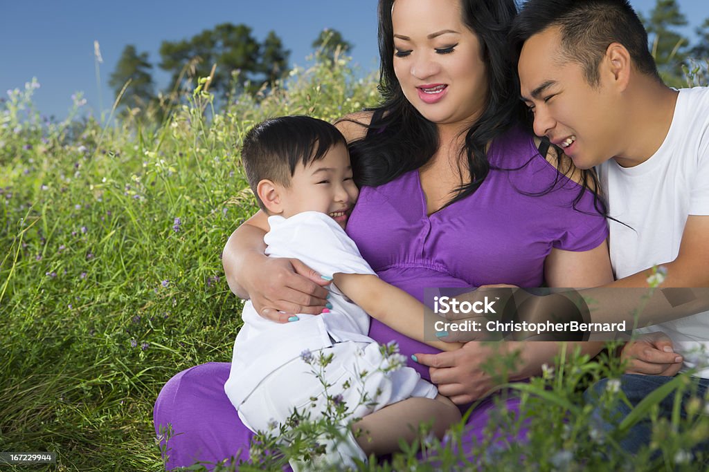 Smiling asian family portrait in field Two Parents Stock Photo