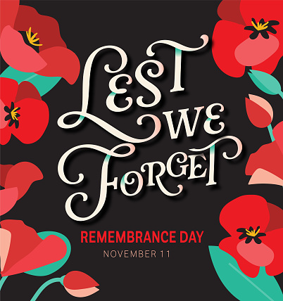 Vector illustration of a Remembrance Day poster design with red poppies and typography text design . Includes fully editable vector eps and high resolution jpg in download.