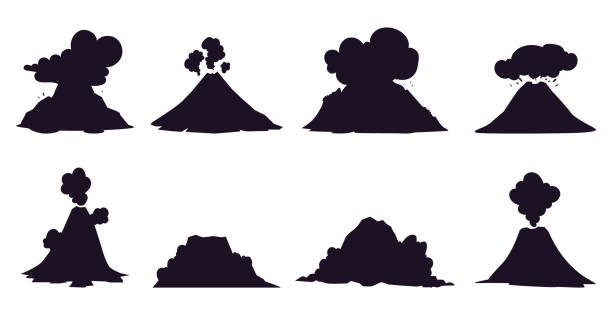 икона вулкана, силуэт извержения пепла, вулканическая пиктограмма, логотип, изолированный набор. векторная иллюстрация графического дизай - volcano erupting lava fire stock illustrations