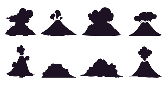 Volcano icon ash eruption silhouette volcanic pictogram logo isolated set. Vector graphic design