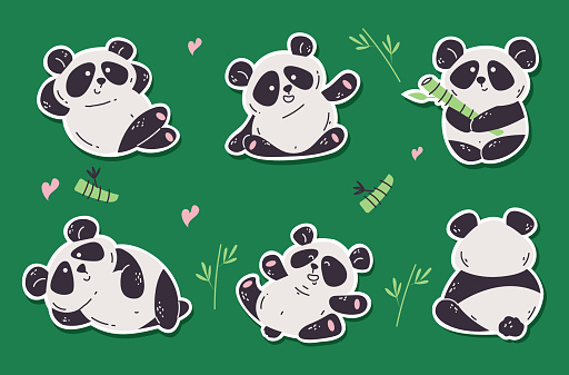 Cute panda bear doodle sticker isolated set concept. Vector graphic design