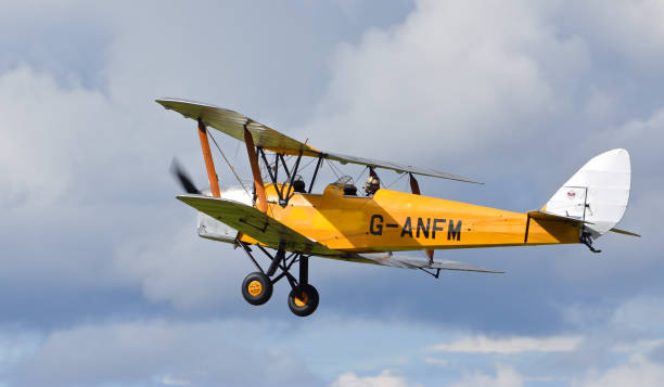 飛行中のヴィンテージデハビランドdh-82aタイガーモス - airplane stunt yellow flying ストックフォトと画像