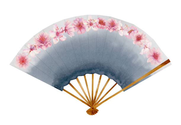 istock Watercolor illustration of a grey open paper hand fan with cherry blossoms. Element isolated on white background 1672319699
