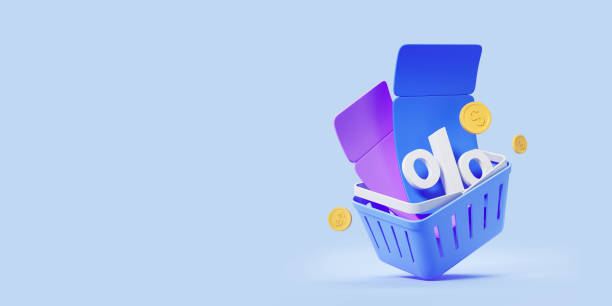 istock Blue shopping basket with coupons and falling money, copy space 1672327278