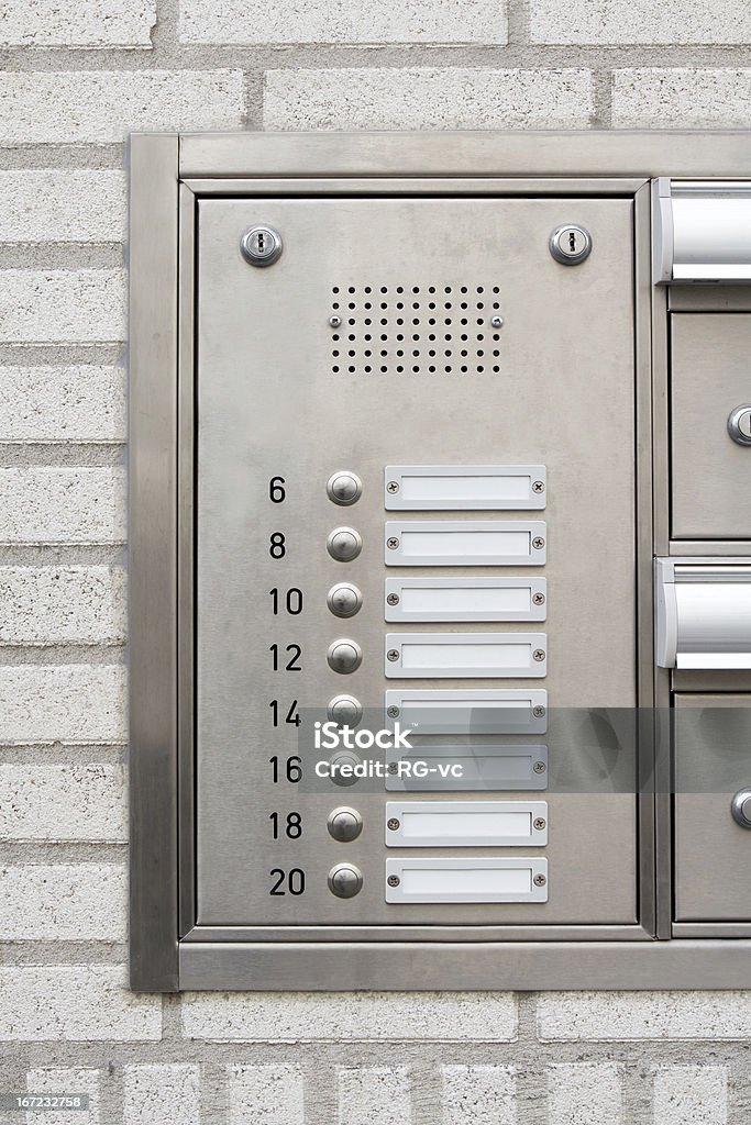 close-up of a modern nameplate with intercom doorbell electric bell system and name plates Apartment Stock Photo