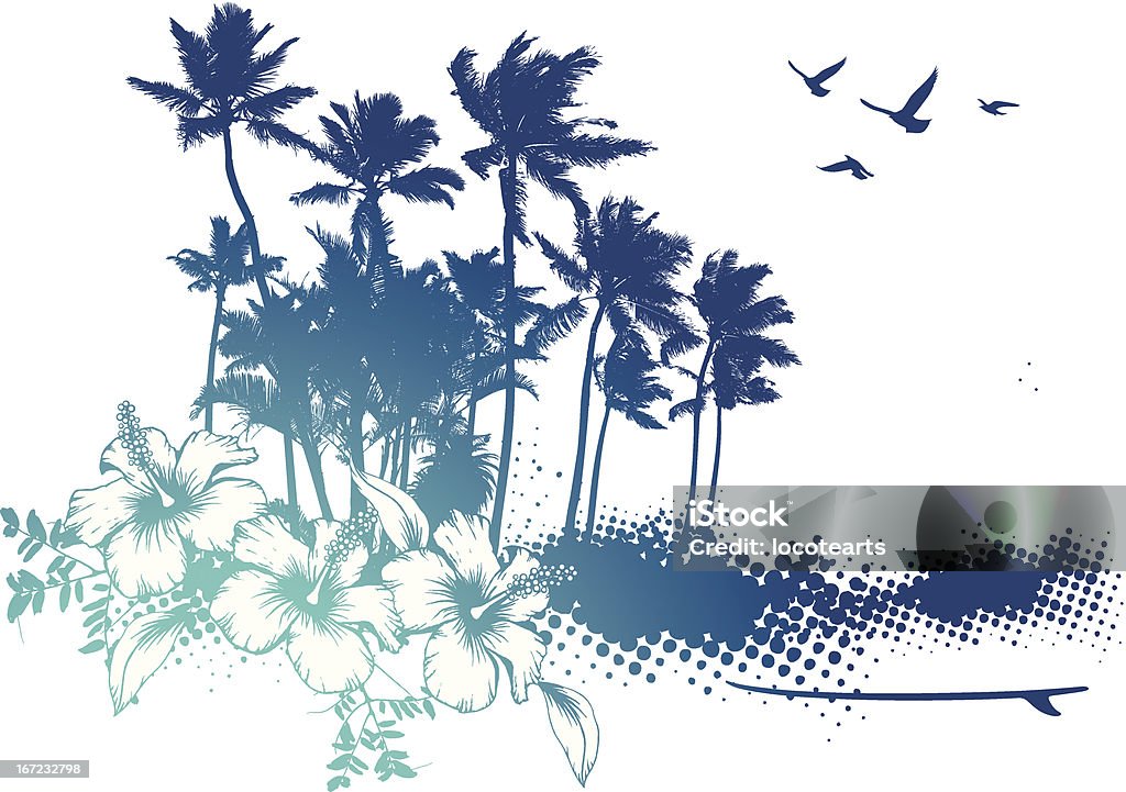 Escena de verano azul con palmeras y hibiscus - arte vectorial de Fondos libre de derechos