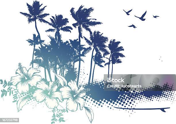 Ilustración de Escena De Verano Azul Con Palmeras Y Hibiscus y más Vectores Libres de Derechos de Fondos - Fondos, Palmera, Pintada