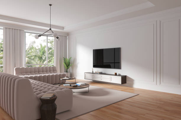 istock Cozy chill room interior with tv display and drawer, couch with panoramic window 1672328883