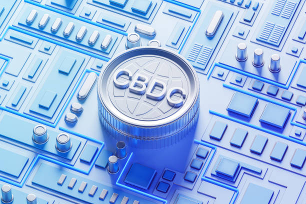 Top view of CBDC and circuit board with tech components, digital currency