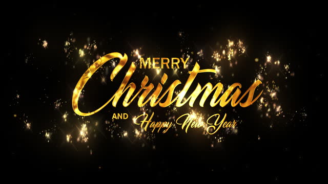 Merry Christmas and Happy New Year greetings whit golden text on black background.particles and glittering stars.christmas concept.animated holiday season social post digital card.