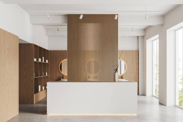 istock Cozy salon interior with reception desk, partition and panoramic window 1672333261