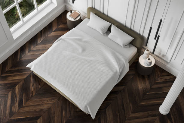 istock Top view of white bedroom interior with bed and decoration, panoramic window 1672335961