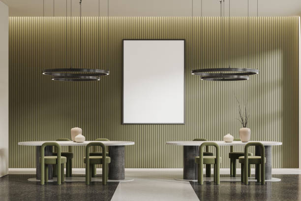 istock Green and white restaurant interior with poster 1672337080