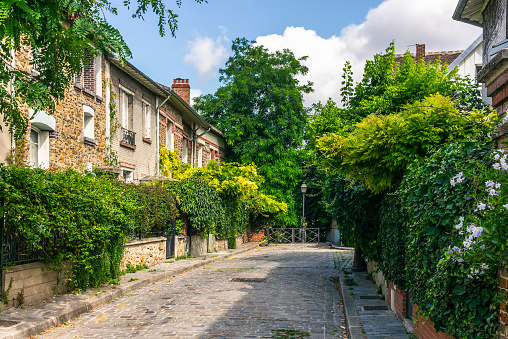 The paved streets and pretty low houses of \