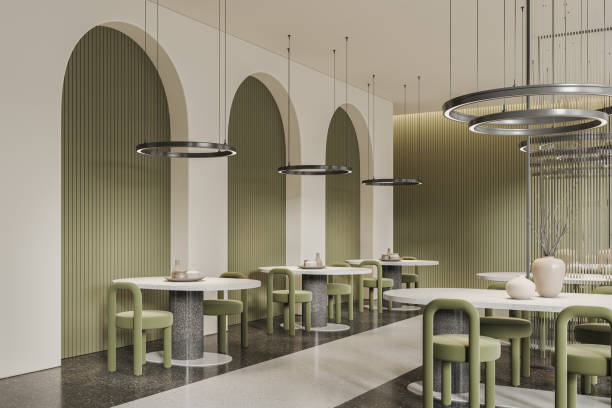 istock White and green restaurant interior with arches 1672337985