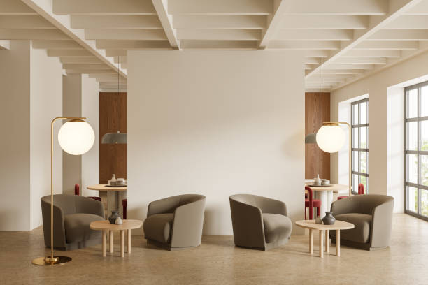 istock Cozy restaurant interior with dining space, wall mockup and panoramic window 1672342025