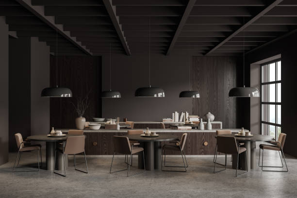 istock Gray and wooden restaurant interior with round tables 1672346356