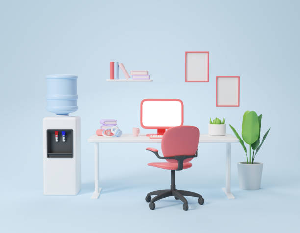 istock Office room with work table and water cooler, mock up screen 1672347968