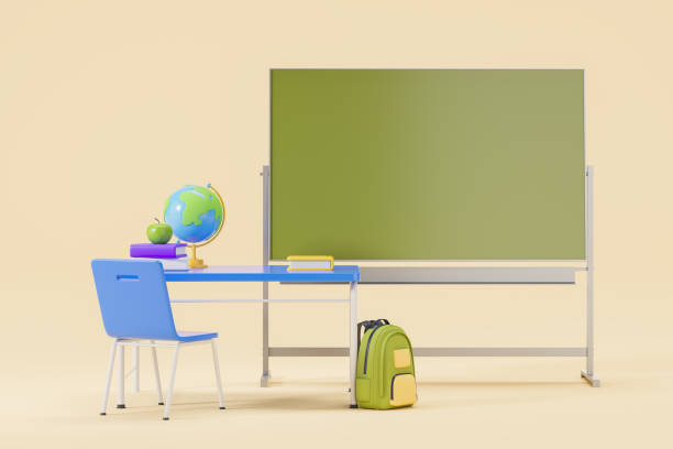 istock School desk with chalkboard and accessories on beige background, mock up 1672349014