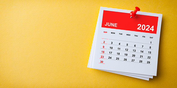 White Sticky Note With 2024 June Calendar And Red Push Pin On Yellow Background