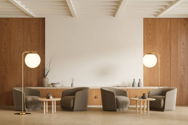 istock Luxury cafe interior with soft armchairs and decoration, wall mockup 1672352254