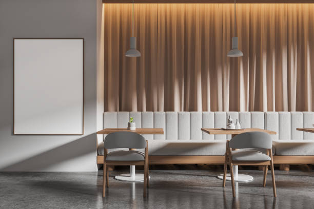 istock Modern cafe interior with chairs and table, dining area with sofa. Mockup frame 1672356572