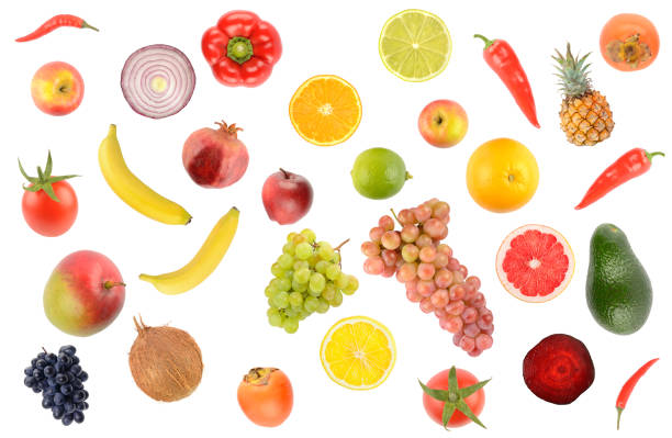 istock Big set falling vegetables and fruits isolated on white 1672360445