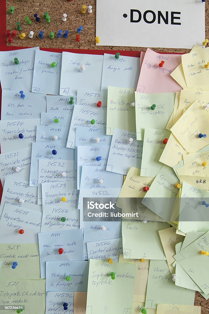 done cases on board Done section with pinned paper tickets on kanban with selective focus Agile Methodology Stock Photo