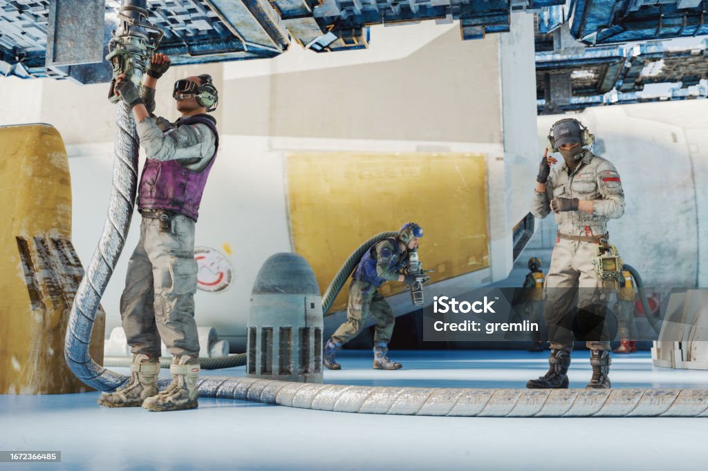 Futuristic technicians working on space rocket engine Futuristic technicians working on space rocket engine. 3D generated image. Occupation Stock Photo