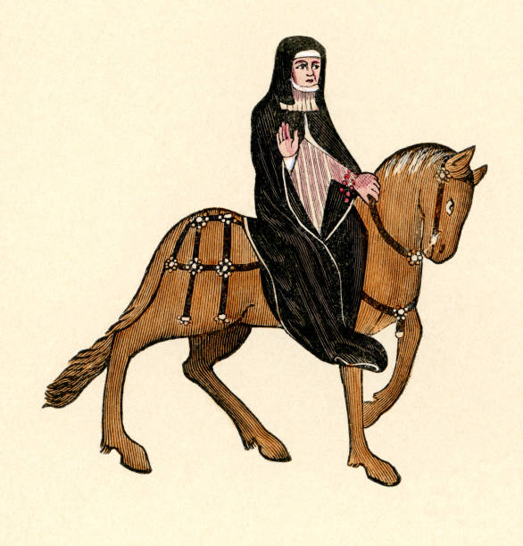 Canterbury Tales - The Prioress The Prioress, a character in "The Canterbury Tales", a collection of stories written by Geoffrey Chaucer at the end of the 14th century and 'told' by a group of pilgrims on their way to the shrine of St Thomas à Becket at Canterbury Cathedral, Kent. This series of illustrations is from "Chaucer's Canterbury Tales", edited by John Saunders, publ. J.M. Dent & Co, 1889, and are based on those in the Ellesmere Manuscript. (Now in the public domain.) circa 14th century stock illustrations