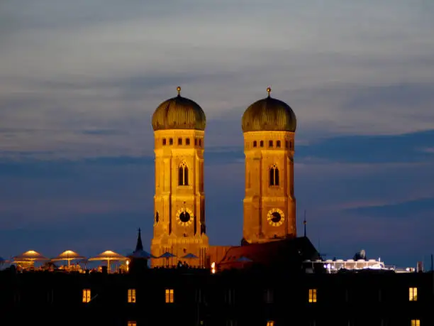 Aerial view on Frauenkirche  one of main Munich landmarks at sunset golden hour