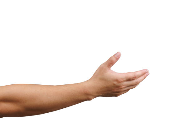 istock Man hand with palm open up isolated in white background 1672381658