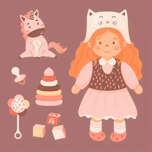Vector illustration of Children toys set. Cute red haired little girl in funny hat in dress, doll, unicorn toy, cubes, pyramid, pacifier and rattle. Vector illustration. Isolated elements in cartoon style. kids collection.
