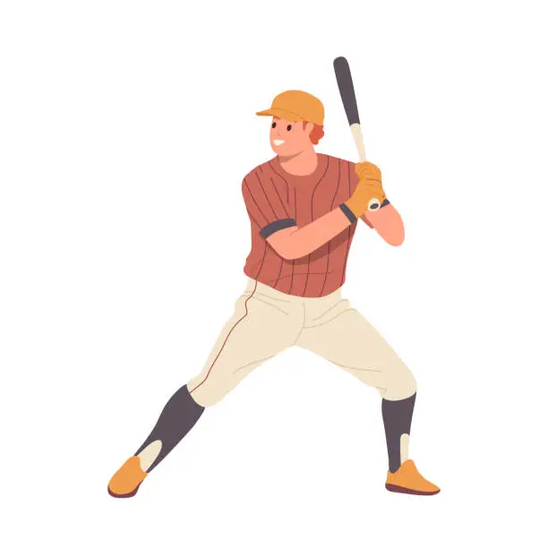 Vector illustration of Baseball player wearing uniform holding bat preparing for hitting ball isolated on white background